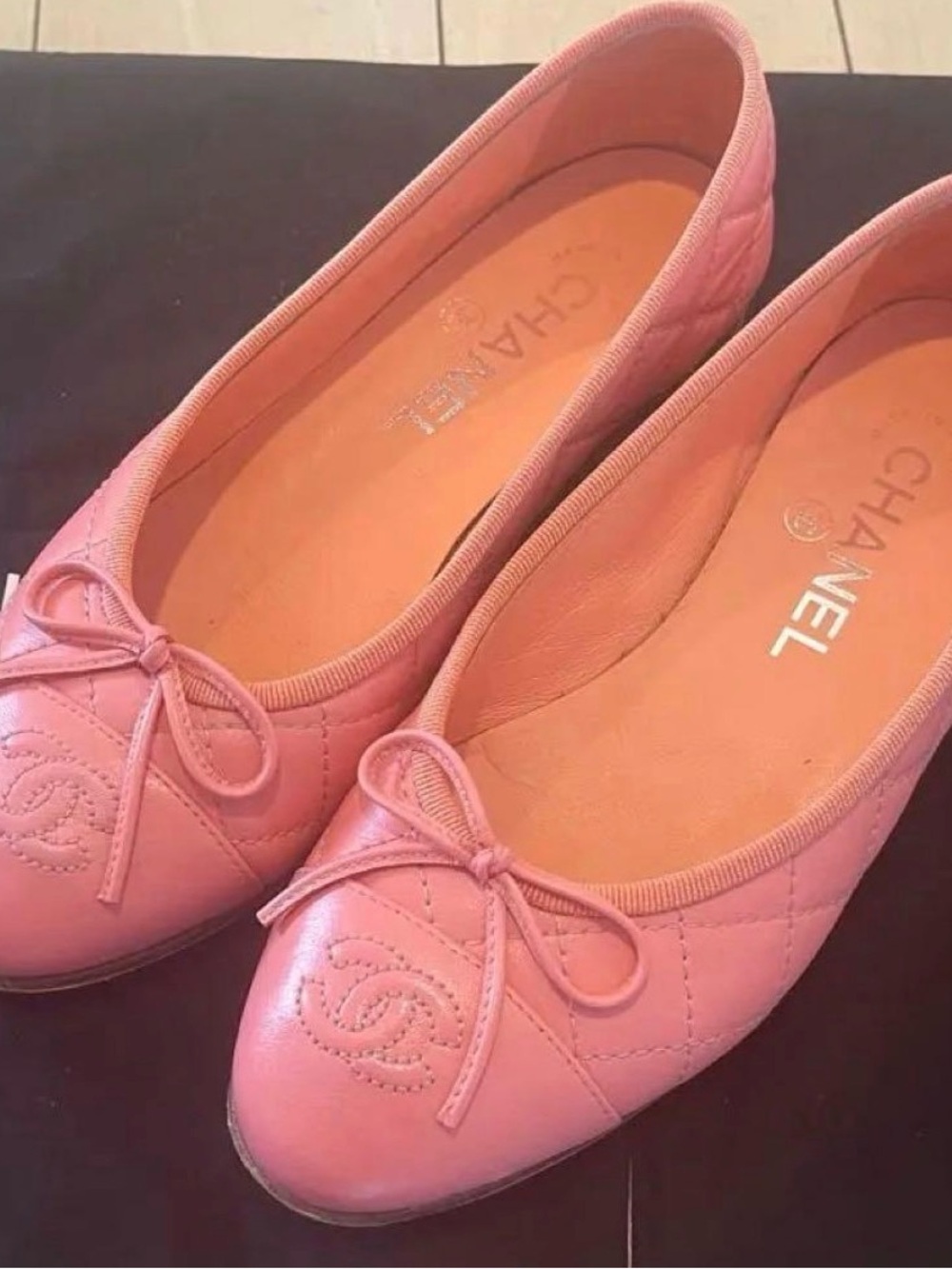 CHANEL Pink Quilted Leather Ballet Flats with Bow and CC Emblem